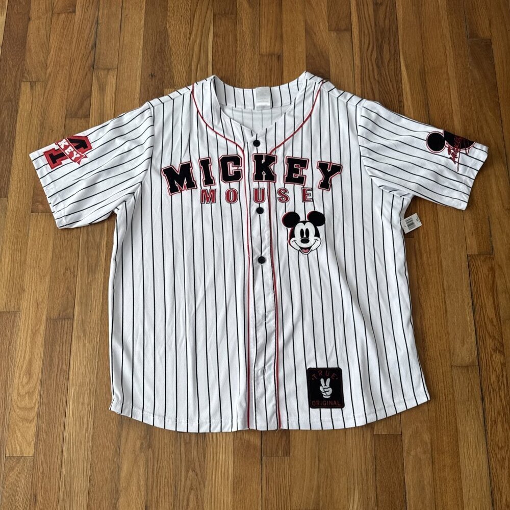 Disney Parks True Original Mickey Mouse Pinstripe Baseball Jersey #28 Size XXL